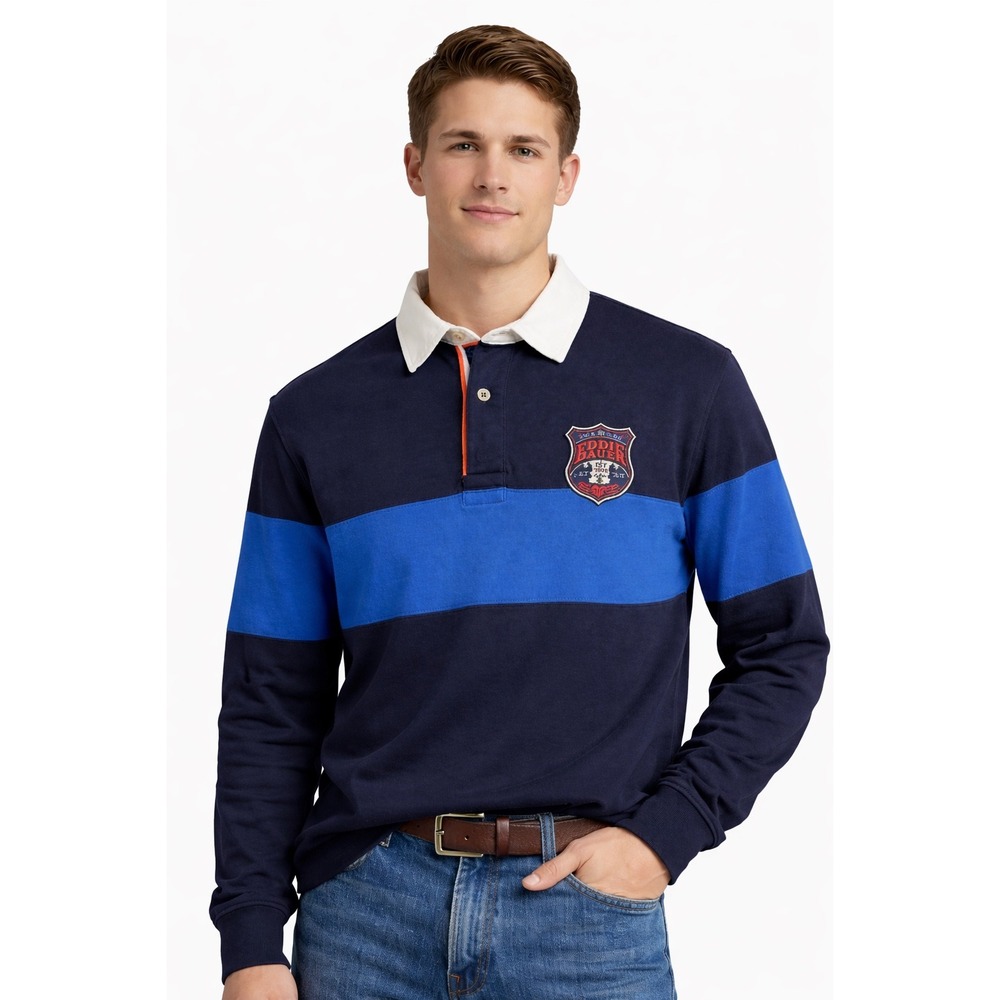 Eddie Bauer Rugby Shirt Mens L Tall Blue Stripe Long Sleeve 90s‎ Polo